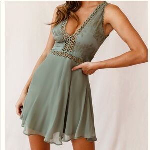 Selfie Leslie Crotchet Olive Green VNeck Flowy Mini Dress